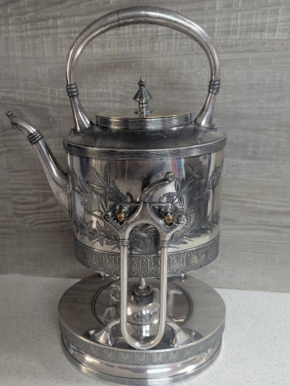 Antique Meriden Silver Plate Tilt Kettle with Matching Stand